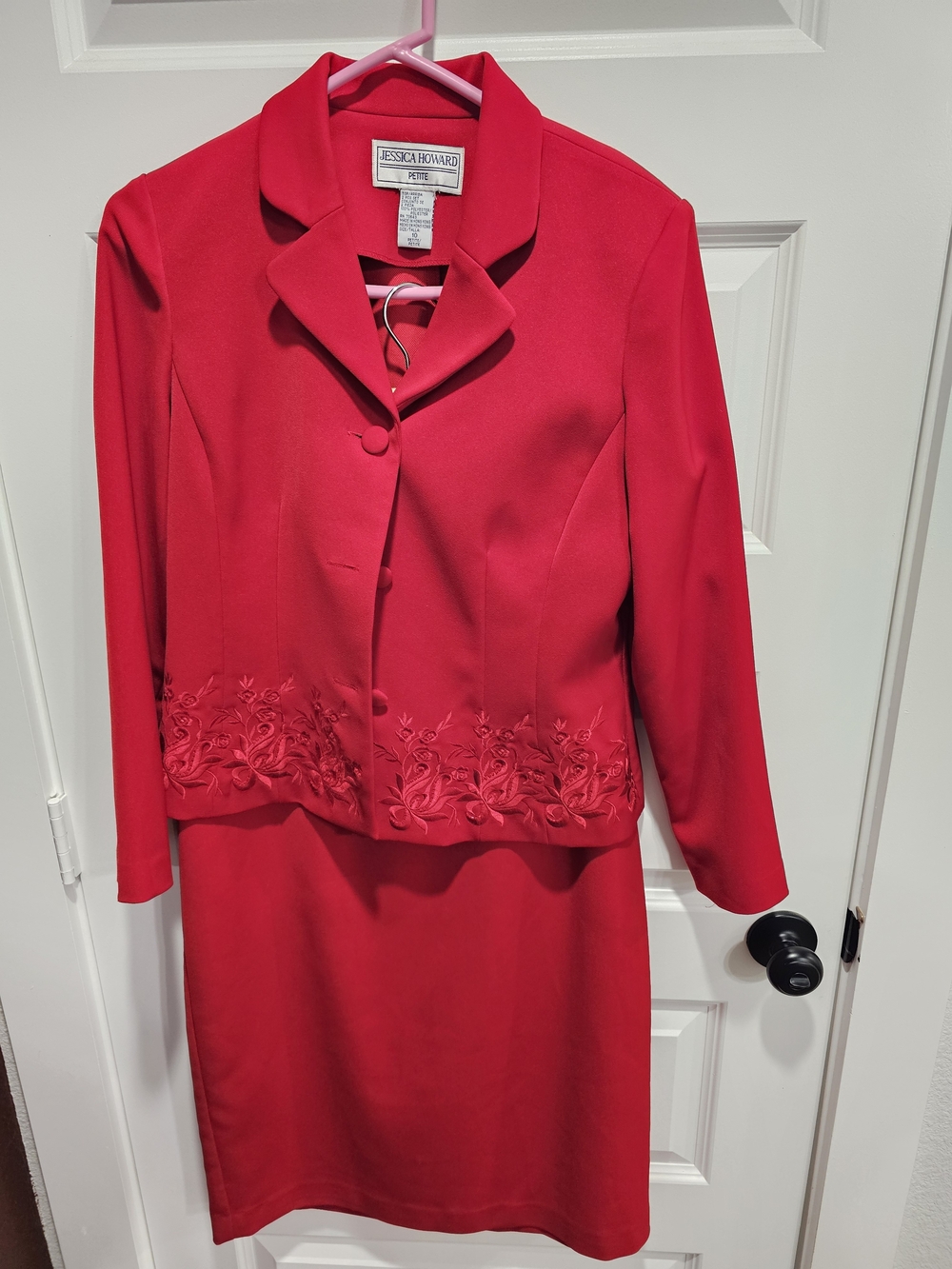 Jessica Howard Bright Red Embroidered Jacket and Skirt Set
